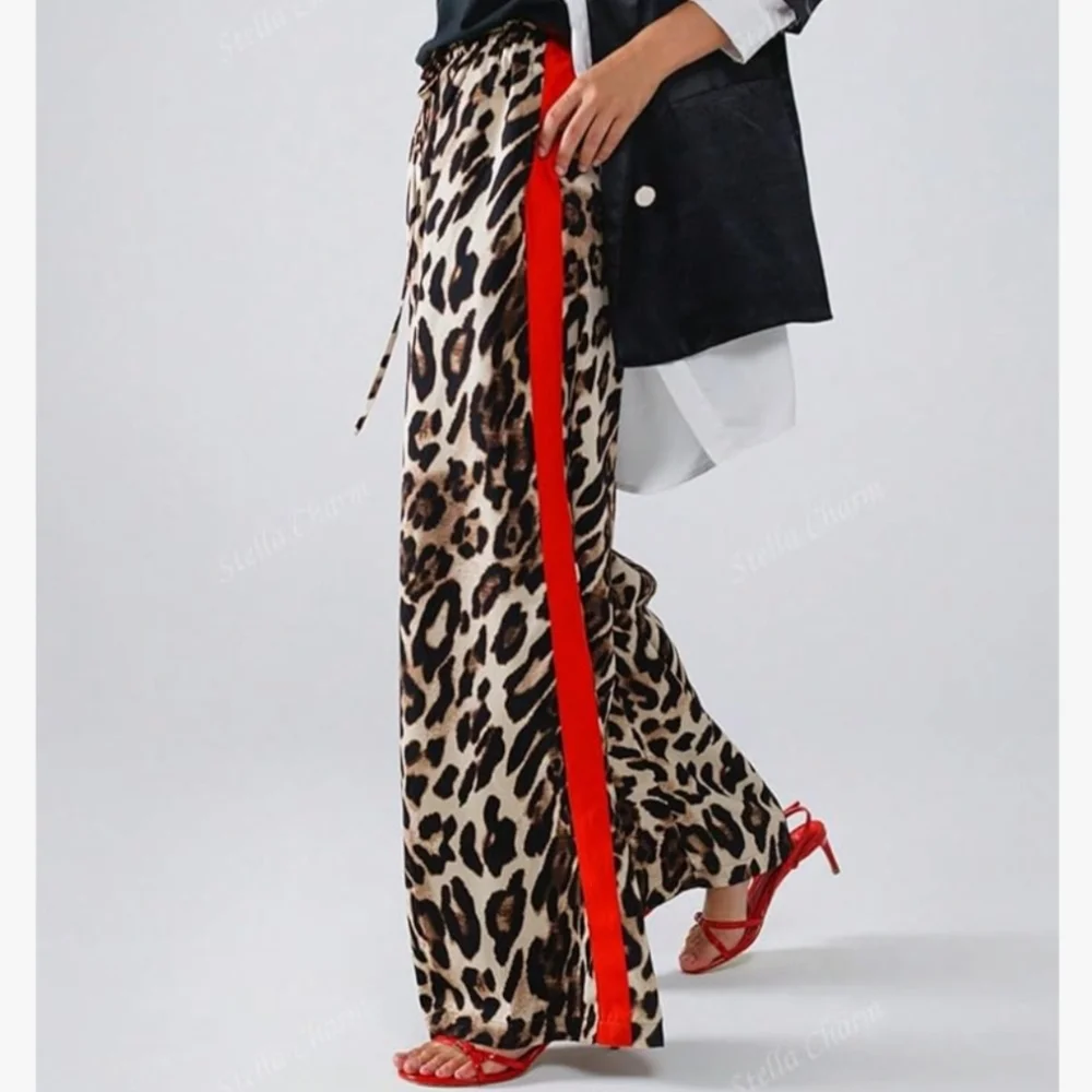 Leopard Print Color Block Wide-Leg Pants with Red Stripe - Picture 2 of 7